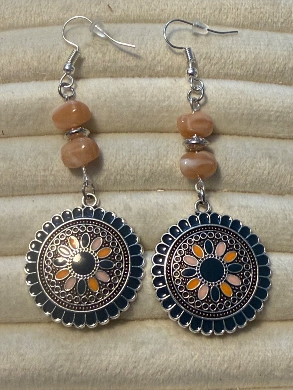 New Desert Bloom – Peach Bead & Floral Medallion Earrings